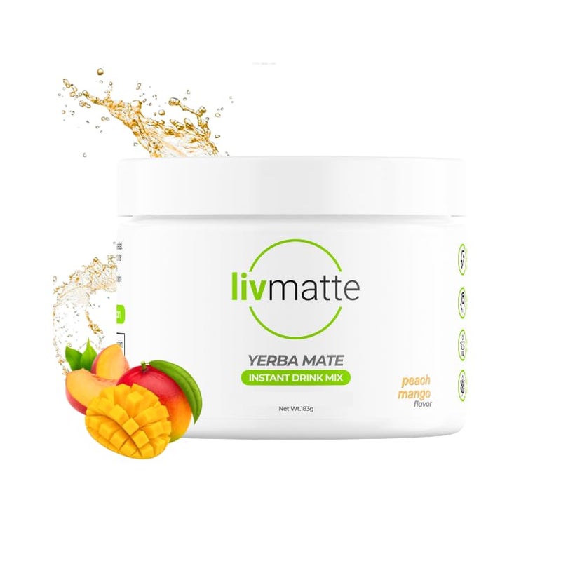 LivMatte Yerba Mate Instant Tea Powder-Natural Caffeine Flavored Drink Mix, Sugar-Free, Clean Energy, Mental Focus + Wellness Support I 30 Servings (Peach Mango) - Image 1